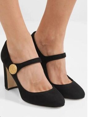 Dolce & Gabbana Black Suede Mary Jane Pumps with Gold Medallion 35.5